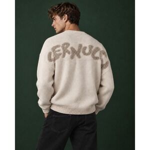 Cernucci Mens Oatmeal Beige Fuzzy Logo Back Crewneck Sweater Small Streetwear